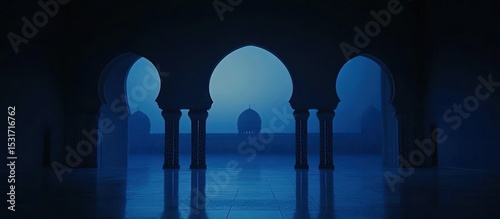 Moonlit Mosque Courtyard Arches, Domes, Night Serenity
