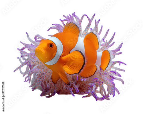 Clownfish swimming among vibrant coral reef, showcasing bright orange and white colors. This marine animal is symbol of ocean beauty and biodiversity
