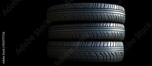 Stacked car tires on black background, automotive parts