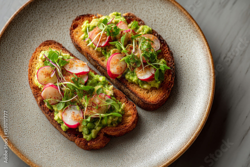 Sourdough toast topped with smashed avocado, radish, and microgreens creates vibrant dish photo