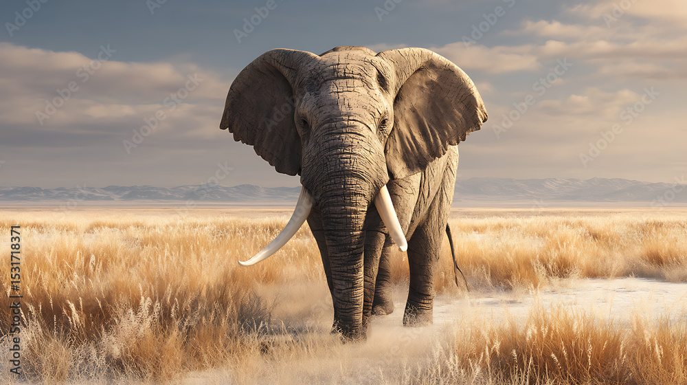 Fototapeta premium Majestic elephant walking through golden grasslands under a serene sky at sunset