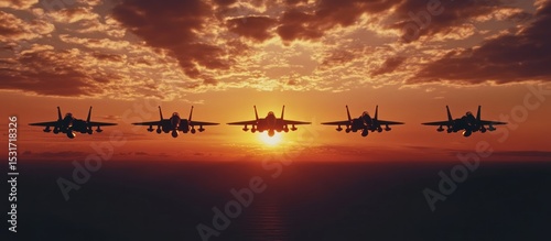 Four jets fly at sunset over ocean; dramatic sky