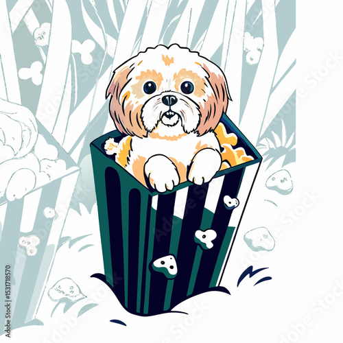 Adorable Puppy in Popcorn Bucket, Movie Night Illustration