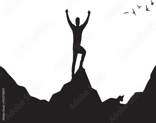 Silhouette of a triumphant person standing atop a mountain peak with birds flying overhead a victorious achievement scene