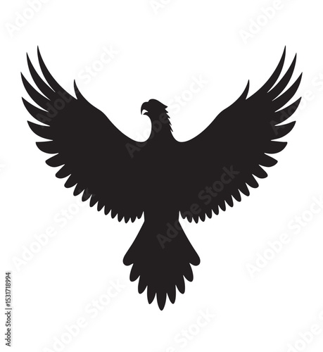 Majestic eagle silhouette soaring with wings spread wide against a white background perfect for logos and designs