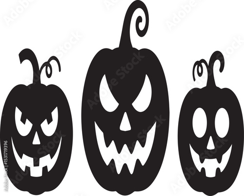 Spooky Halloween jack o lantern pumpkins silhouettes three black scary faces festive autumn design