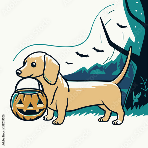 Cute Dachshund Dog Carrying Halloween Pumpkin Bucket