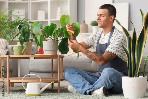 Male gardener wiping plant'...