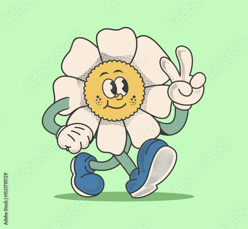 retro flower cartoon character with a cute face and groovy 70s style. fun, playful, and perfect for sticker, logo, emblem and vector illustration