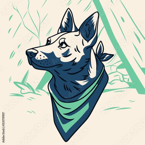 German Shepherd Dog Head Illustration, Bandana, Winter Scene