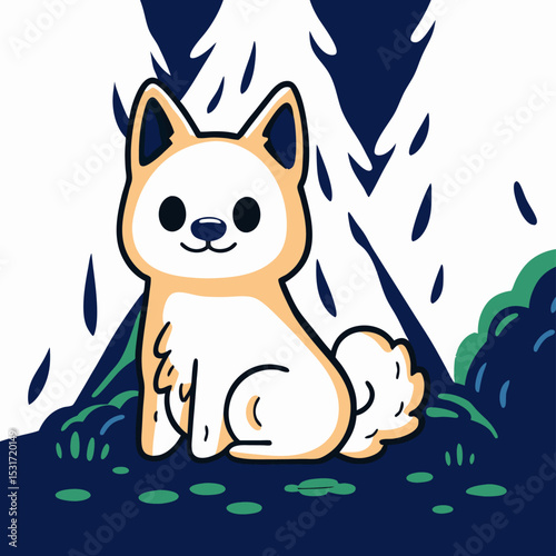 Cute Cartoon Shiba Inu Dog Sitting in Forest