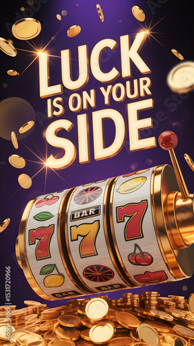 Golden slot machine with falling coins and bright 