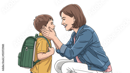Mother and son, preparing for school with a backpack, happy family illustration