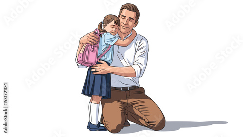 Father Hugging Daughter Before School, Illustration of Family Love and Support