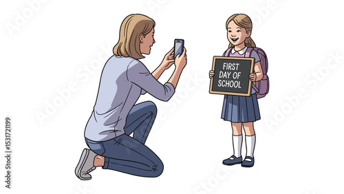 Mother taking picture of daughter on first day of school, back to school illustration