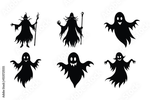 Silhouettes of spooky halloween ghosts and wizard characters in black on white background