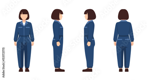 Mechanic Woman Character Sheet: Front, Side, and Back Views