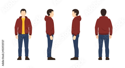 Man in Hoodie: Front, Side, and Back Views