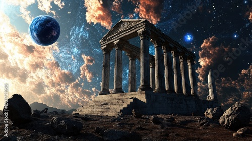 Ancient Temple Ruins Surrounded by Cosmic Space and Celestial Bodies