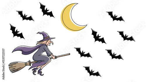 Spooky Halloween Witch Flying on a Broom with Bats and Moon Illustration