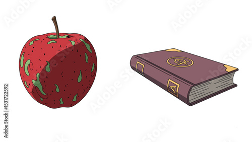 Illustration of an apple and a book, perfect for fantasy and children's book designs