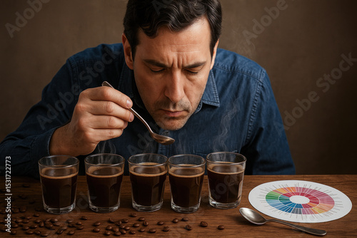 Man performing professional coffee cupping with aroma wheel and tasting glasses, representing quality control, flavor profiling, and expert coffee culture.
