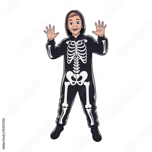Adorable Child in a Skeleton Costume for Halloween, Isolated on a White Background, Ready for Spooky Fun