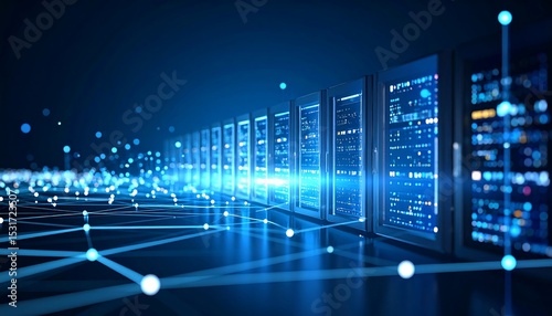 Data center server rack displays with glowing network connections on a dark blue background.