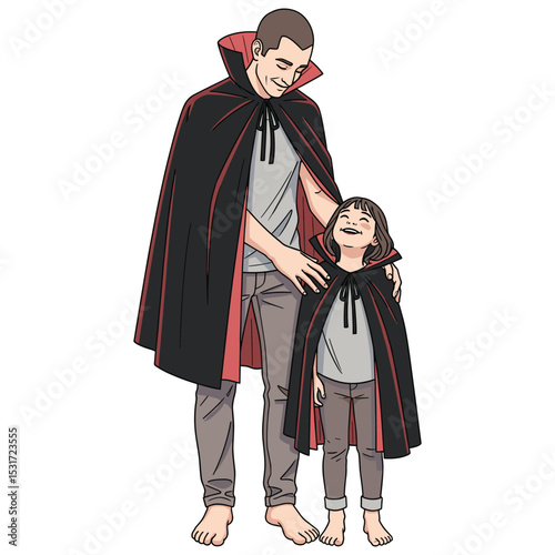 Father and Daughter in Vampire Capes: Halloween Costume Illustration, Isolated on White Background