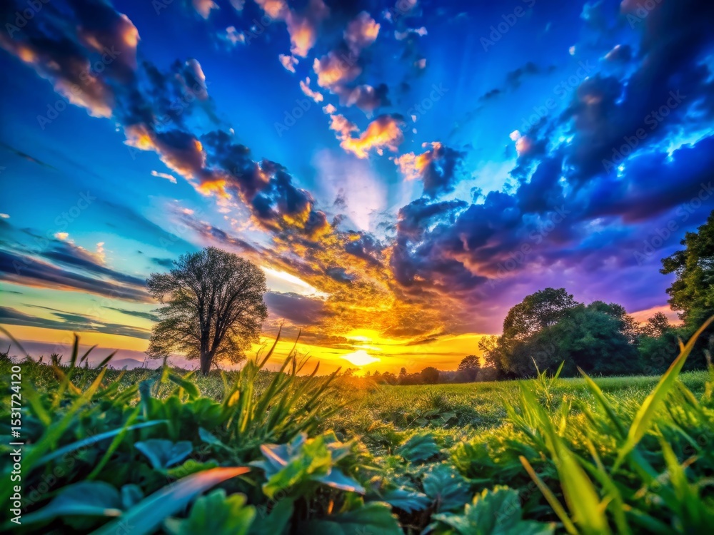 Obraz premium Dramatic Sunset Over Grassy Field