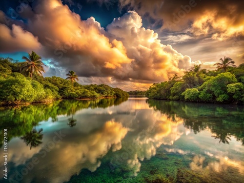 Tropical Lagoon with Dramatic Sky Reflection