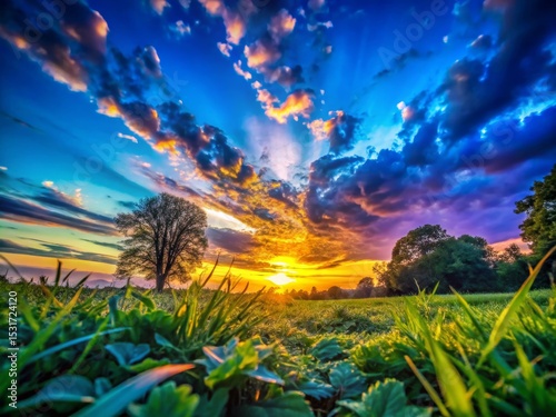 Dramatic Sunset Over Grassy Field