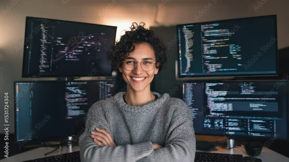 Smiling Digital Architect: A young female coder, illuminated by the glow of multiple computer monitors, epitomizes modern tech and digital innovation. Her expression speaks of skill, confidence.