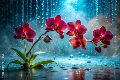 Red Orchid Flowers in Rain