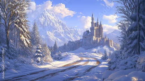 Enchanting winter landscape featuring a majestic castle amidst snowy mountains
