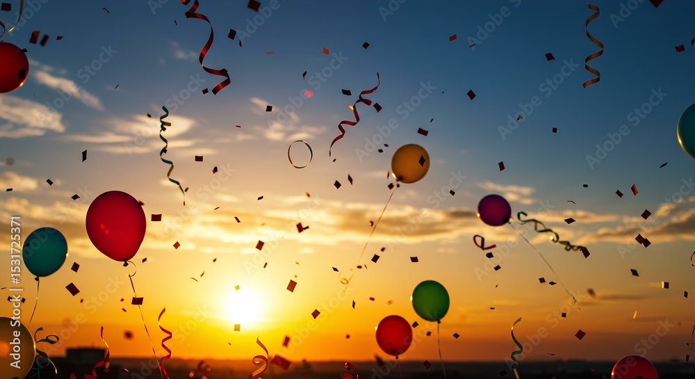 Fototapeta premium Balloons and Confetti Against Sunset Sky