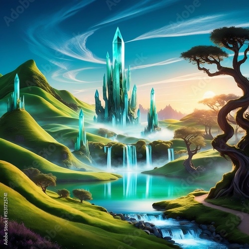 Fantasy Crystal Castle in Lush Green Valley with Waterfalls