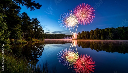 Night scene features fireworks reflected in a calm lake surrounded by trees in quiet nature.