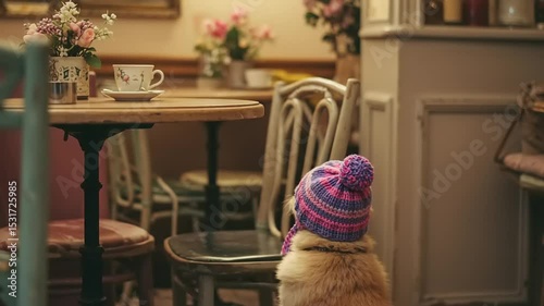 Dog wearing a knitted hat in a cafe.