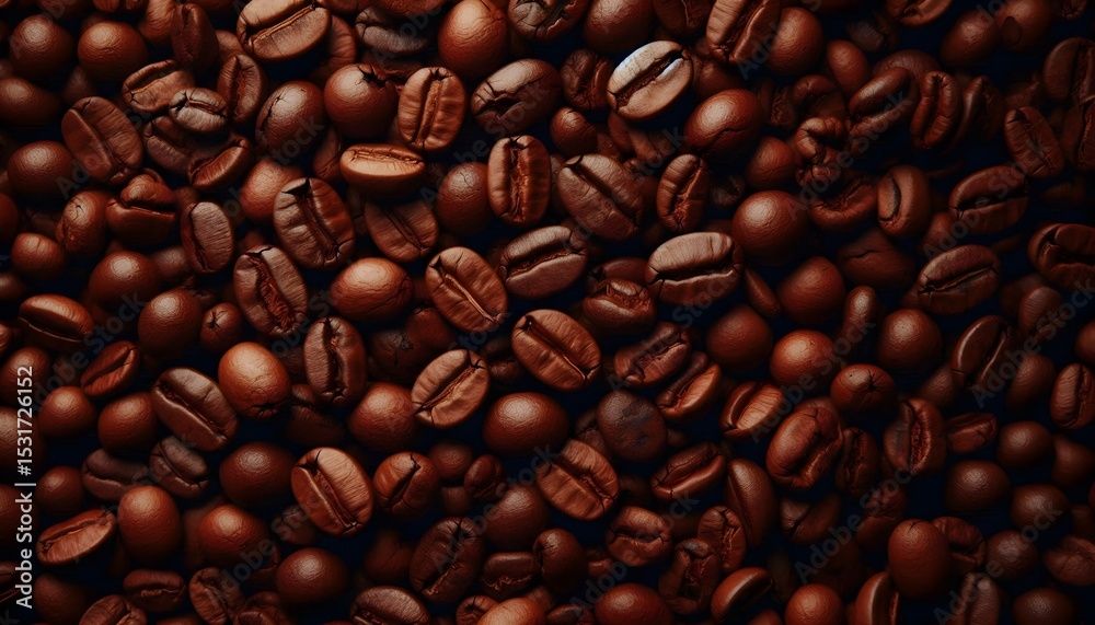 Obraz premium Top view of roasted coffee beans spread on neutral surface with warm tones and rich natural texture details