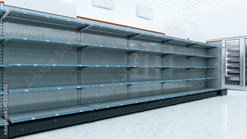 3D Rendering. Store interior supermarket with shelf shelves.
