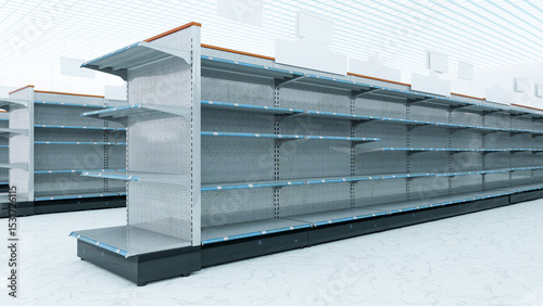 3D Rendering. Store interior supermarket with shelf shelves.