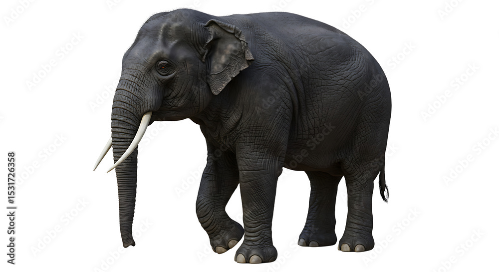 Fototapeta premium Majestic Asian Elephant Walking Forward with Ivory Tusks and Detailed Skin