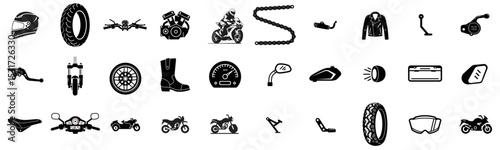 Motorcycle icons collection featuring various parts and accessories  