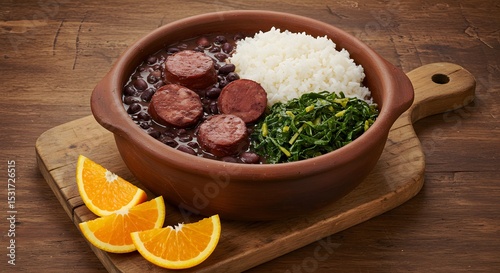 Wallpaper Mural Authentic Brazilian feijoada with rice, oranges, and greens served in a rustic clay pot on wooden table Torontodigital.ca