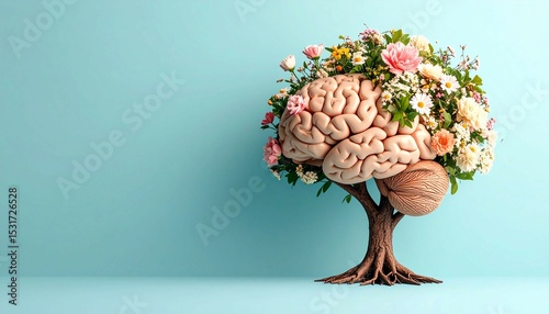 Human brain tree with flowers, self care and mental health concept, positive thinking, creative mind,