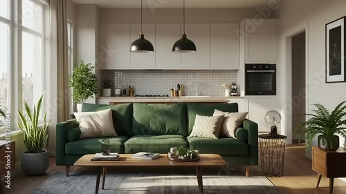Modern open-plan living area with green velvet sofa