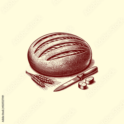 Round Rustic Bread Loaf Vector Illustration with Decorative Braid and Vintage Engraving Style on Light Background