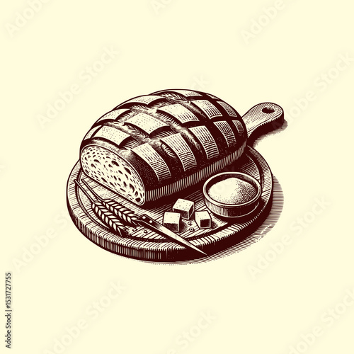 Round Rustic Bread Loaf Vector Illustration with Decorative Braid and Vintage Engraving Style on Light Background