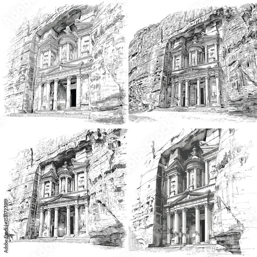 Intricate pencil sketch illustrations of Petra’s famous Treasury in Jordan, captured with realistic textures and rock details in monochrome architectural style.

